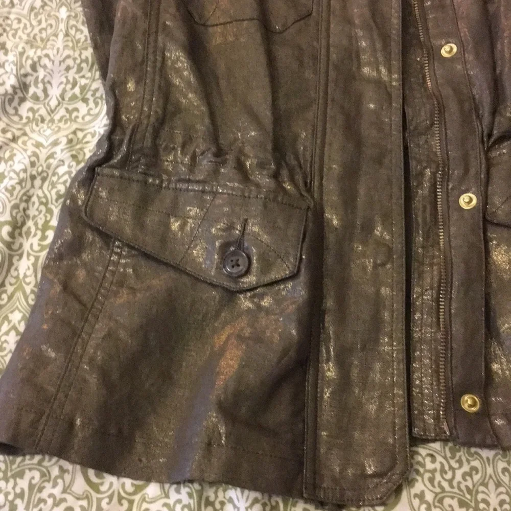 Metallic Foiled Linen Utility Cargo Vest Olive Green Gold Size 0 Small 4